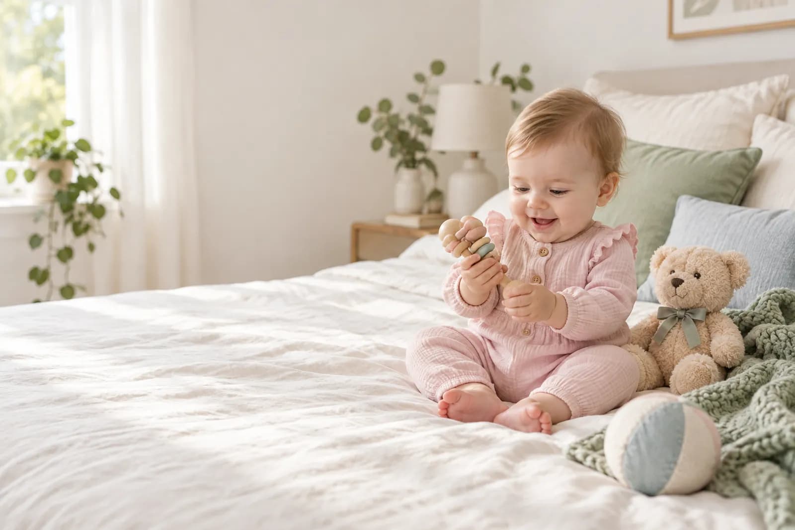 Bebê sentado na cama brincando com chocalho de madeira, vestindo macacão rosa-claro