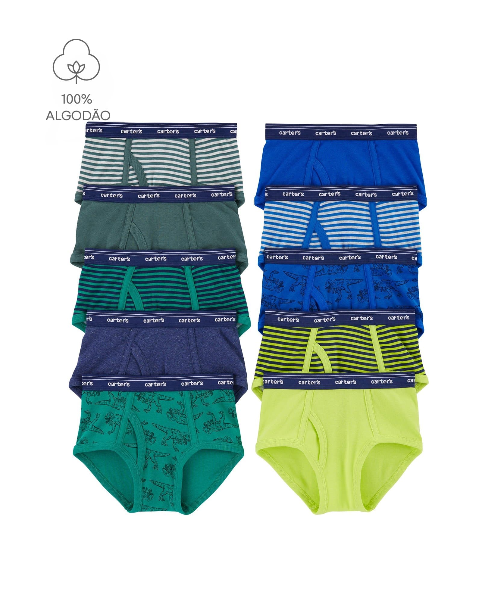 Kit Cueca Infantil Slip 10 Peças Listras Dinossauros Multicor
