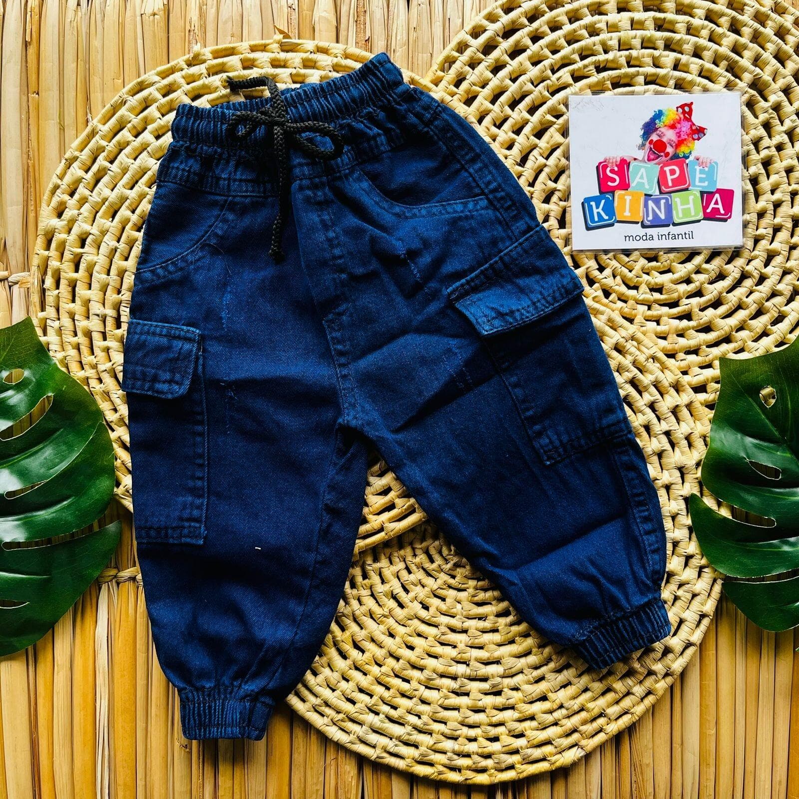 Calça Jogger Cargo Jeans Infantil Unissex, cor Jeans Escuro
