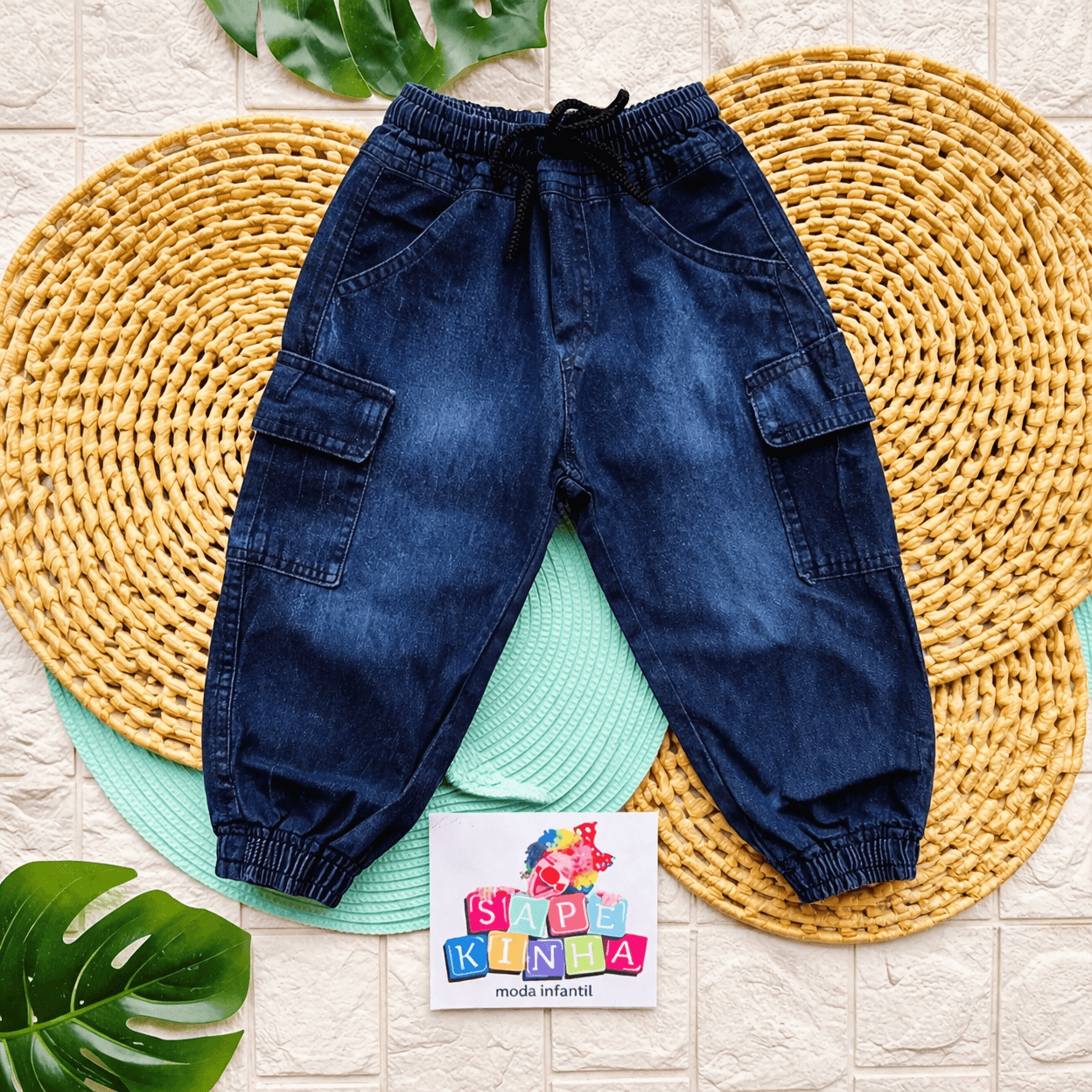 Calça Jogger Cargo Jeans Infantil Unissex, cor Jeans