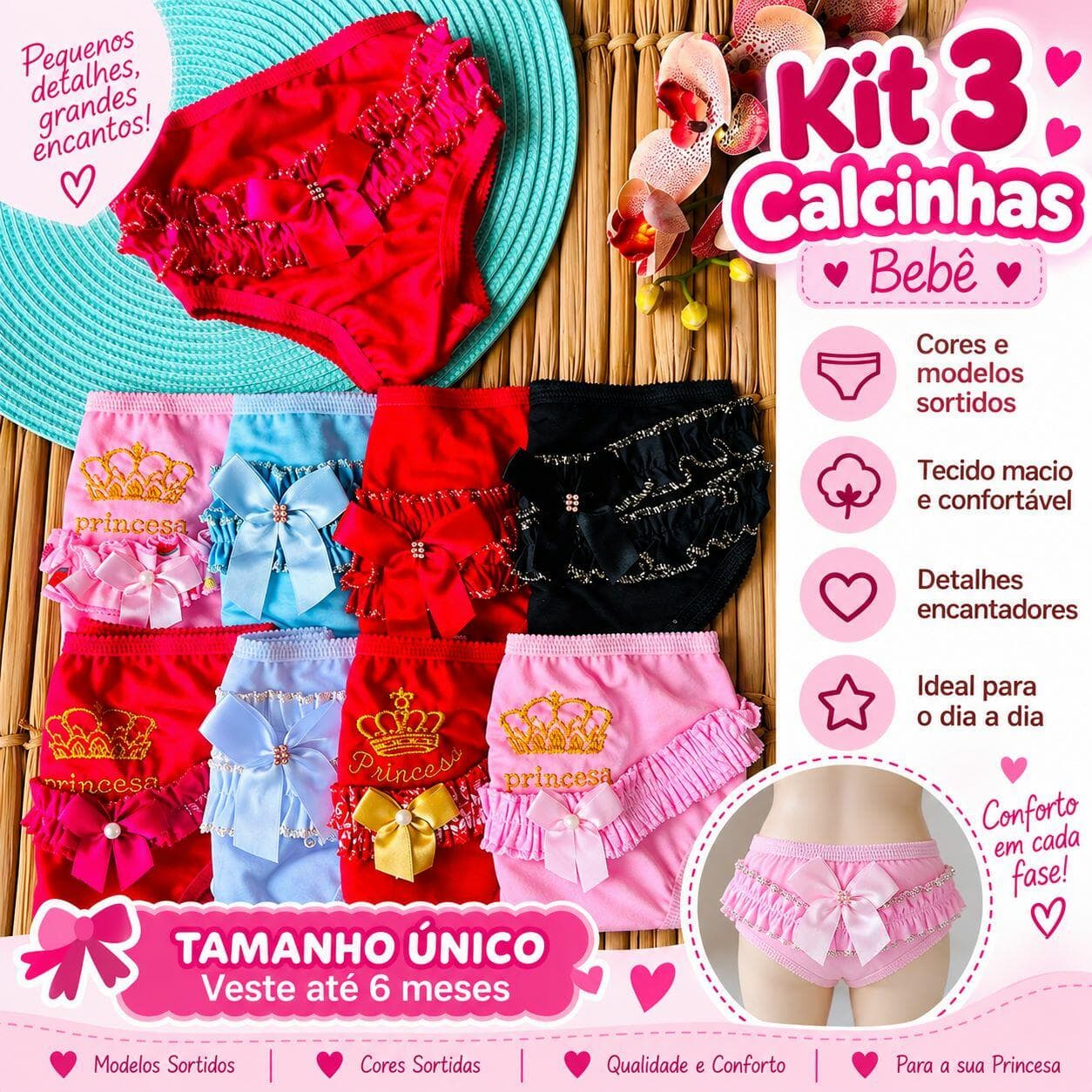 Kit Três Calcinhas Bebê, cor Sortido
